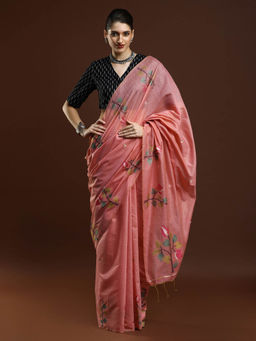 Sarha - Women Pink Printed Muga Saree with Unstitched Blouse