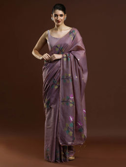 Sarha - Women Lavender Printed Muga Saree with Unstitched Blouse