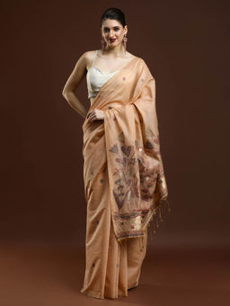 Sarha - Women Beige Woven Muga Saree with Unstitched Blouse