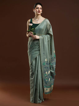 Sarha - Women Green Woven Muga Saree with Unstitched Blouse