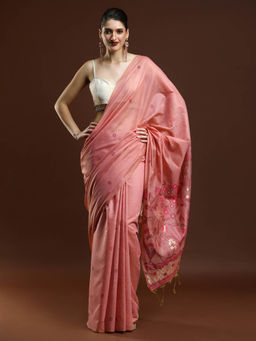 Sarha - Women Pink Woven Muga Saree with Unstitched Blouse