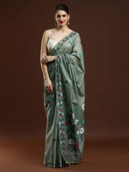 Sarha - Women Green Floral Muga Saree with Unstitched Blouse