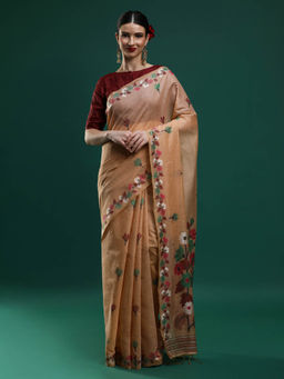 Sarha - Women Beige Floral Muga Saree with Unstitched Blouse