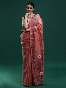 Sarha - Women Pink Floral Muga Saree with Unstitched Blouse