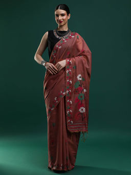 Sarha - Women Maroon Floral Muga Saree with Unstitched Blouse