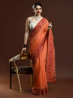 Sarha - Women Orange Embroidered Banarasi Saree with Unstitched Blouse