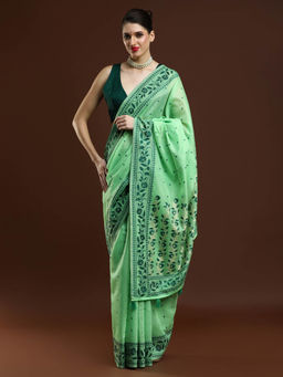 Sarha - Women Green Embroidered Banarasi Saree with Unstitched Blouse