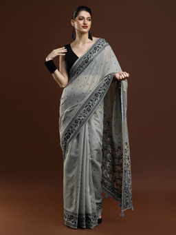 Sarha - Women Grey Embroidered Banarasi Saree with Unstitched Blouse