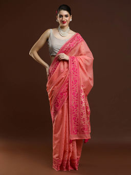 Sarha - Women Pink Embroidered Banarasi Saree with Unstitched Blouse
