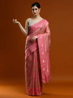 Sarha - Women Pink Woven Chanderi Saree with Unstitched Blouse