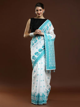 Sarha - Women Blue Printed Chanderi Saree with Unstitched Blouse