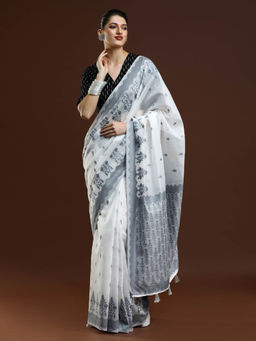 Sarha - Women Grey Printed Chanderi Saree with Unstitched Blouse
