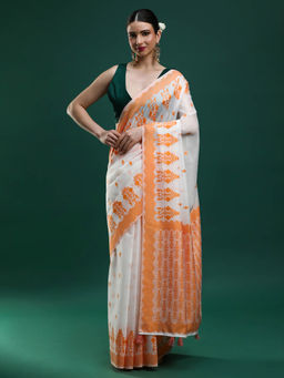 Sarha - Women Orange Printed Chanderi Saree with Unstitched Blouse