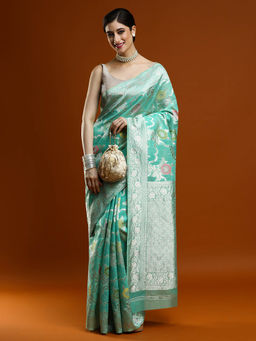 Sarha - Women Green Woven Chanderi Saree with Unstitched Blouse