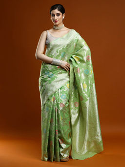 Sarha - Women Green Woven Chanderi Saree with Unstitched Blouse