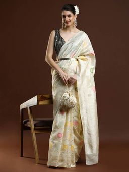 Sarha - Women Cream Woven Chanderi Saree with Unstitched Blouse