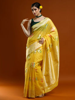 Sarha - Women Yellow Woven Chanderi Saree with Unstitched Blouse