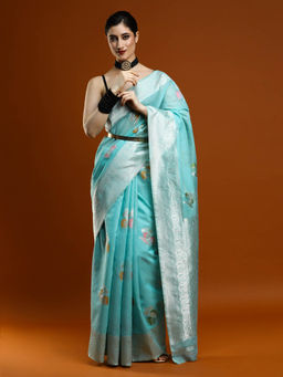 Sarha - Women Blue Woven Chanderi Saree with Unstitched Blouse