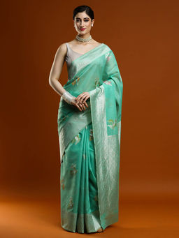 Sarha - Women Green Woven Chanderi Saree with Unstitched Blouse
