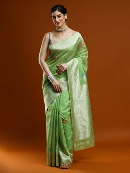 Sarha - Women Green Woven Chanderi Saree with Unstitched Blouse