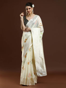 Sarha - Women Cream Woven Chanderi Saree with Unstitched Blouse
