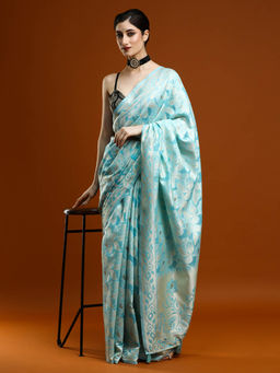 Sarha - Women Blue Woven Chanderi Saree with Unstitched Blouse