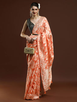 Sarha - Women Orange Woven Chanderi Saree with Unstitched Blouse