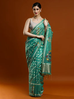 Sarha - Women Green Printed Banarasi Saree with Unstitched Blouse