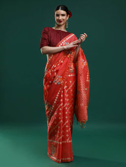 Sarha - Women Red Printed Banarasi Saree with Unstitched Blouse
