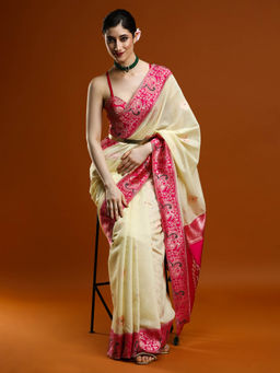 Sarha - Women Cream Woven Banarasi Saree with Unstitched Blouse