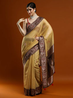 Sarha - Women Beige Woven Banarasi Saree with Unstitched Blouse