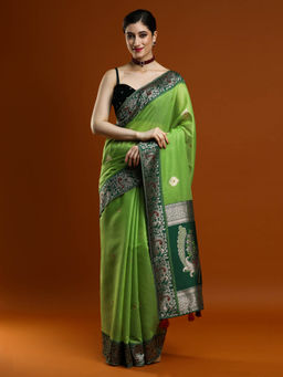 Sarha - Women Green Woven Banarasi Saree with Unstitched Blouse