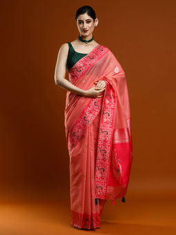 Sarha - Women Pink Woven Banarasi Saree with Unstitched Blouse