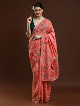 Sarha - Women Orange Embroidered Muga Saree with Unstitched Blouse
