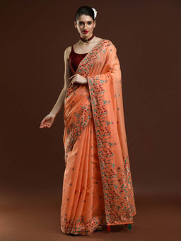 Sarha - Women Orange Embroidered Muga Saree with Unstitched Blouse