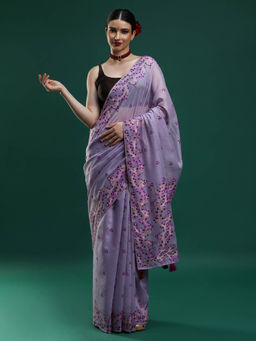 Sarha - Women Lavender Embroidered Muga Saree with Unstitched Blouse