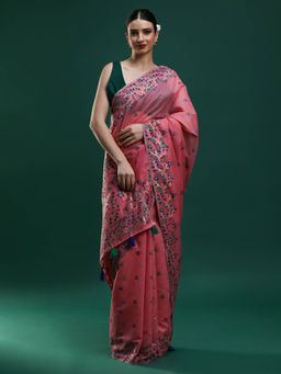 Sarha - Women Pink Embroidered Muga Saree with Unstitched Blouse