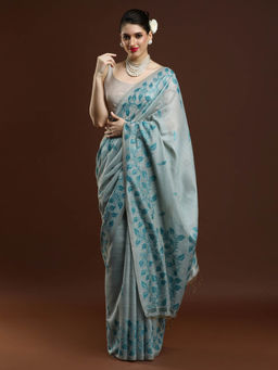 Sarha - Women Blue Printed Chanderi Saree with Unstitched Blouse