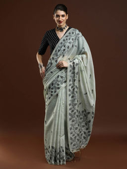 Sarha - Women Grey Printed Chanderi Saree with Unstitched Blouse
