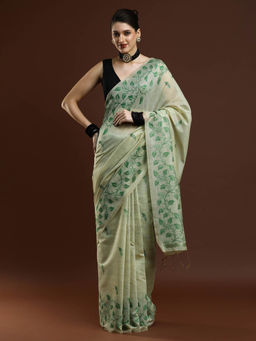 Sarha - Women Green Printed Chanderi Saree with Unstitched Blouse
