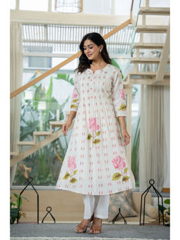 CUSTARD - White Printed Below-Knee Length Kurta with Pant Set for Women (Set of 2)