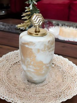 At Home by Nilkamal - Metal & Glass Oval Jar Vase (White & Gold)