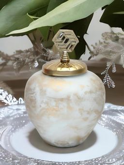 At Home by Nilkamal - Metal & Glass Oval Jar Vase (White & Gold)