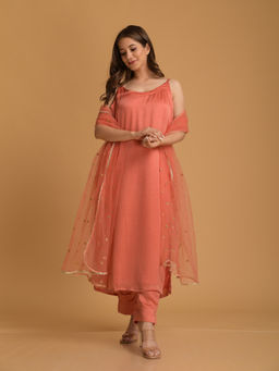 DIMPLE DESIGN STUDIO - Peach Satin Suit (Set of 3)