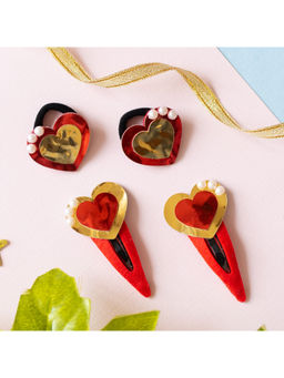 Ribbon Candy - Christmas Cute Mirror Finish Heart Clips & Matching Hair Bands - Red