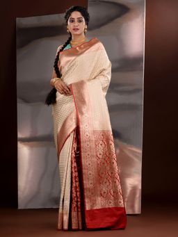 CHARUKRITI - Off White Katan Silk Zari Handwoven Saree with Unstitched Blouse