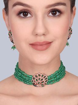 Estele - Mayurika - Morbagh Green Beaded Peacock Necklace with Earrings