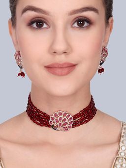 Estele - Rajvika - Morbagh Ruby Red Beaded Necklace with Earrings