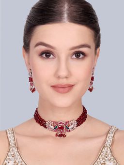 Estele - Swarnika - Morbagh Ruby Red Peacock Beaded Necklace with Earrings