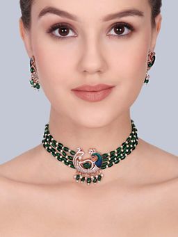 Estele - Ranjika - Morbagh Green Multi-Strand Peacock Necklace with Earrings